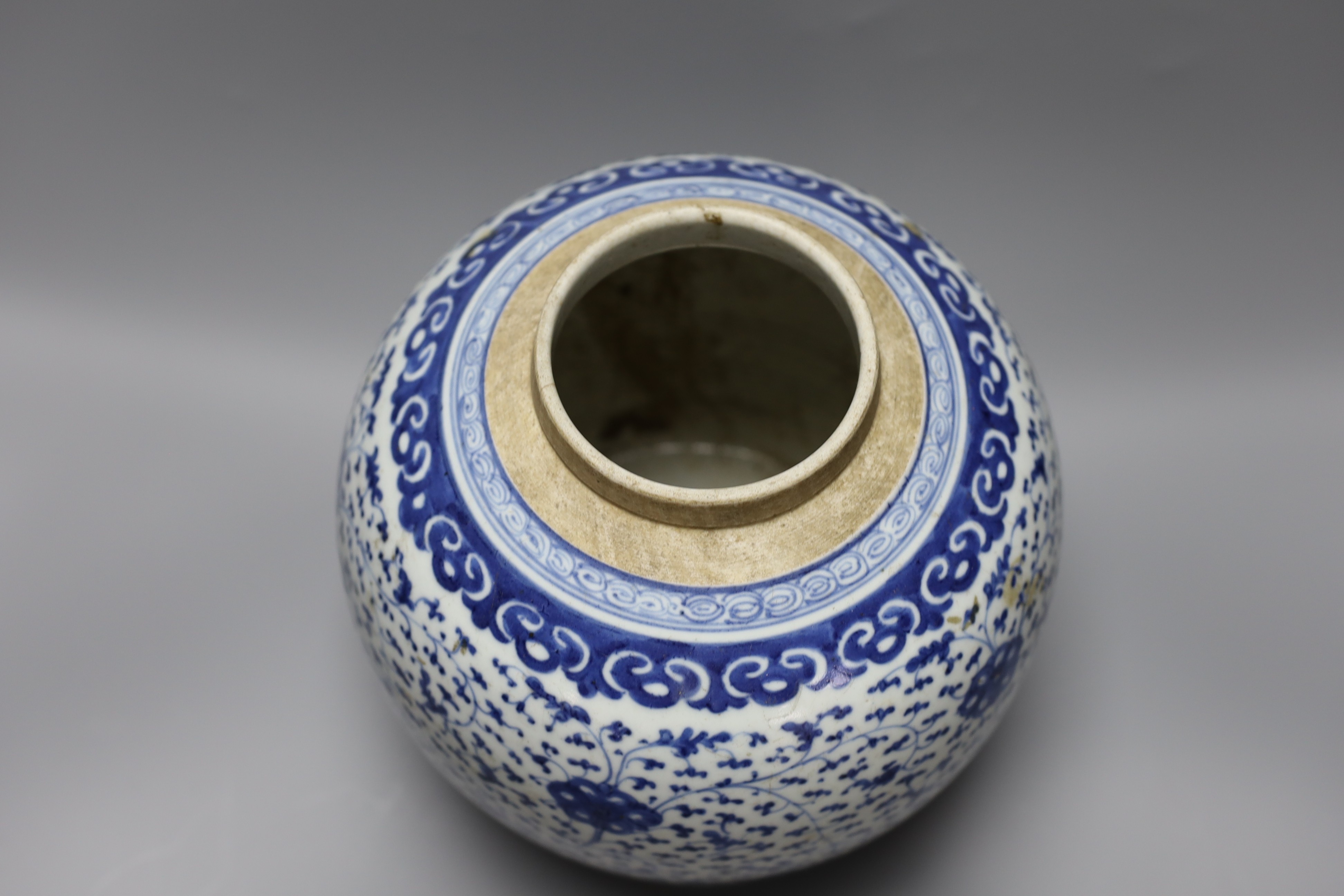 An 18th-century Chinese blue and white ovoid jar, 23 cm high